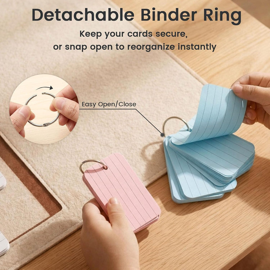 300 Count Index Cards with Ring, 2.2 x 3.5 Inch, Lined Flash Cards | Double-Sided Ruled Notecards in 6 Colors