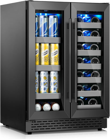 24 Inch Black Dual Zone Wine Fridge,20 Bottle & 88 Cans Wine and Beverage Refrigerator with Glass