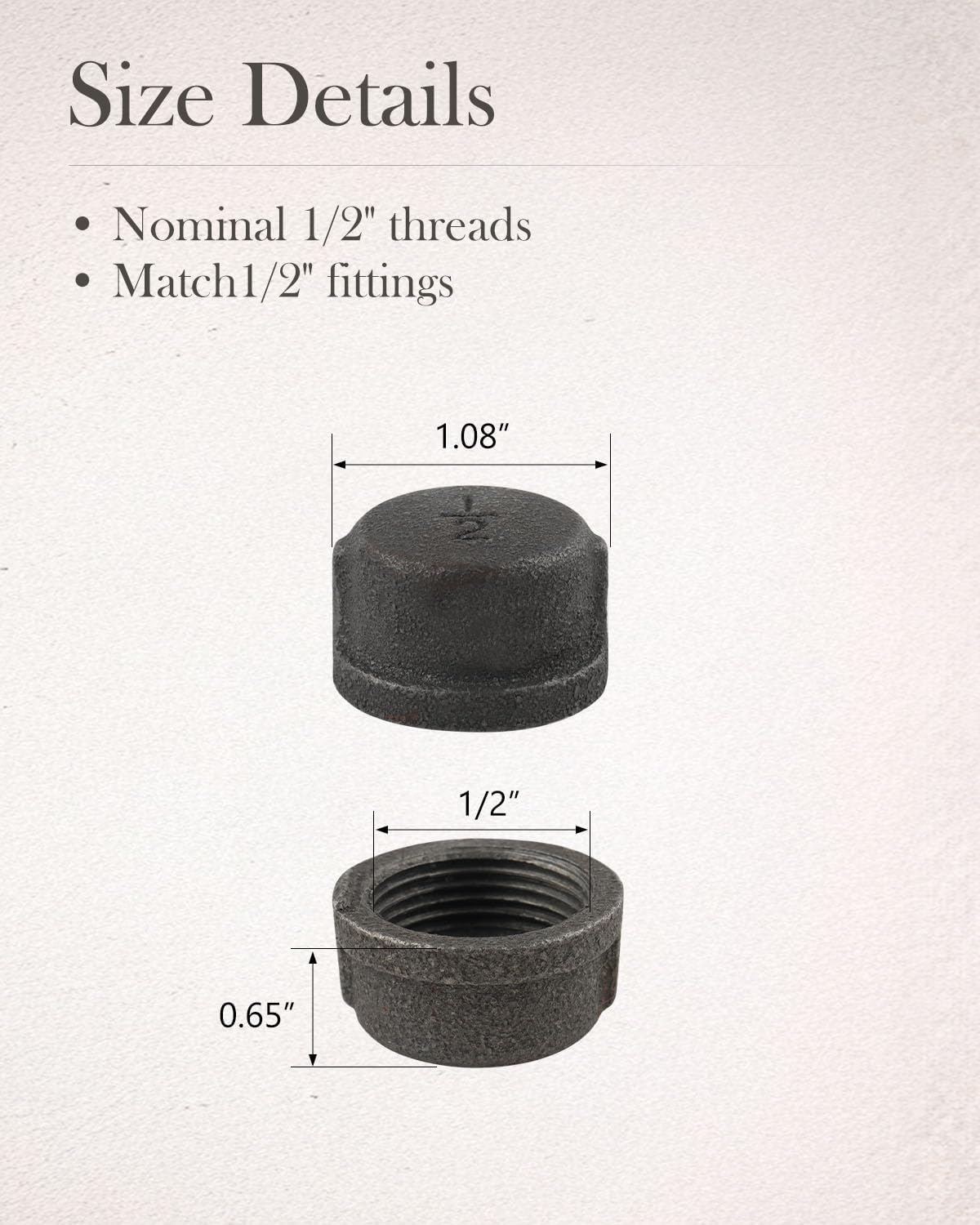 10 Pack 1/2" Malleable Cast Iron Pipe Cap, Black Threaded Fitting