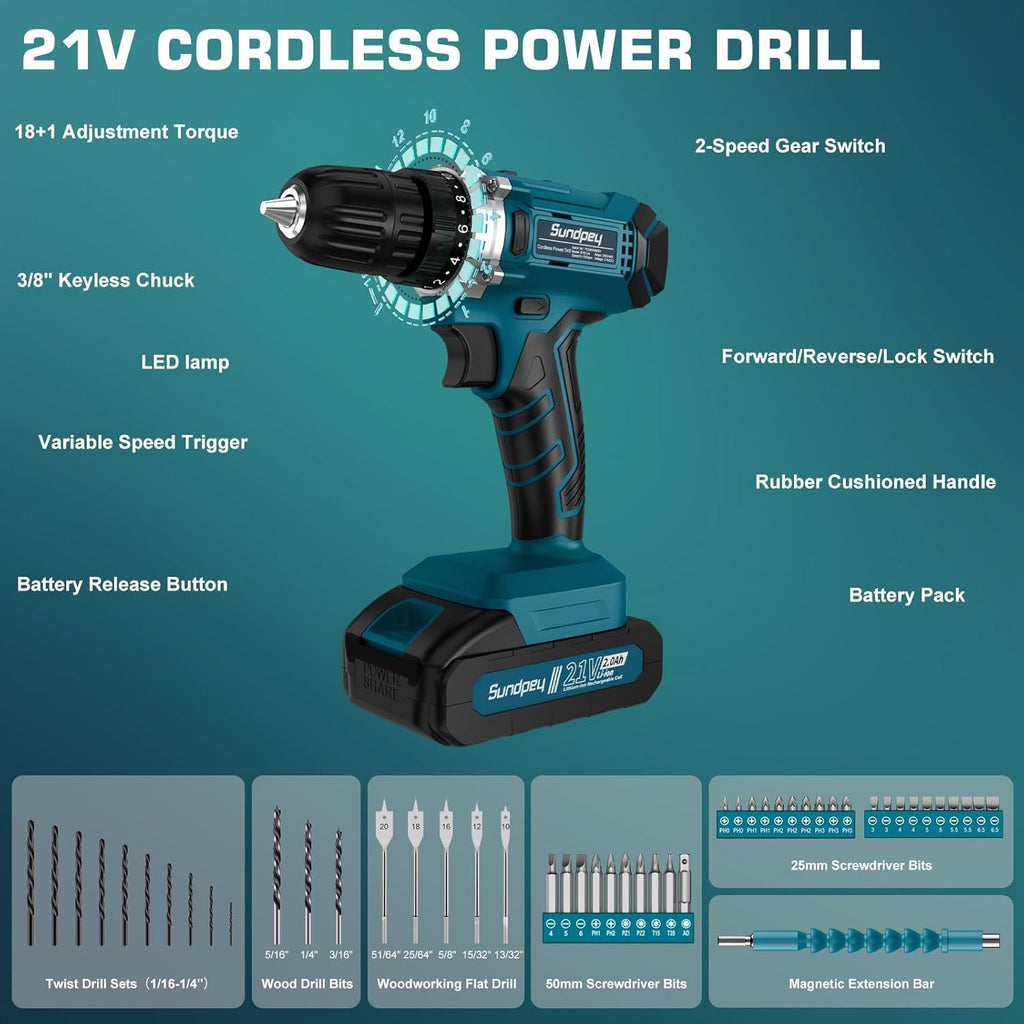 Tool Kit with 21V Cordless Drill - Sundpey 255-PCs Portable Complete General Basic Home and Auto Repair Tool Set with
