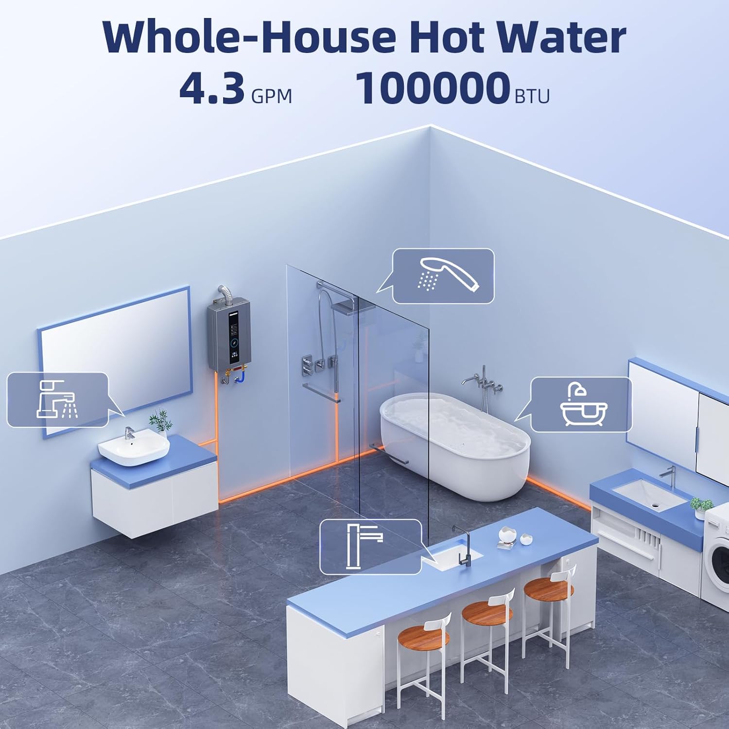Tankless Water Heater, Novieex On Demand Water Heater Propane Gas, Up to 4.3 GPM, 100000 BTU Instant Hot Water Heater