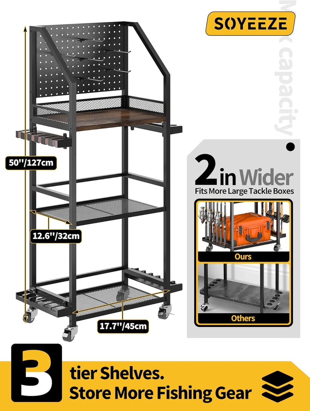 Fishing Rod Holders for Garage, Fishing Pole Holders Up to 12 Rods with Pegboard and Hooks,Rolling Fishing Cart with