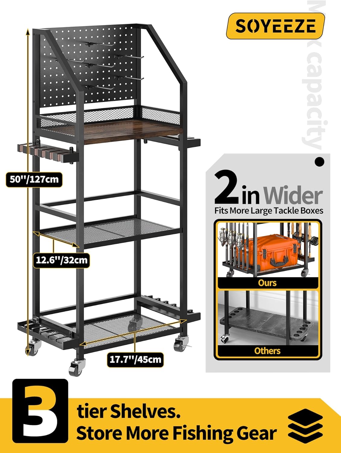 Fishing Rod Holders for Garage, Fishing Pole Holders Up to 12 Rods with Pegboard and Hooks,Rolling Fishing Cart with