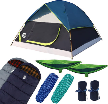 9PCS Camping Tent Kit, Including 1 2/3 Person Dome Tent, 2 Sleeping Bag, 2 Sleeping Pad/Camping Mat, 2 Single Camping