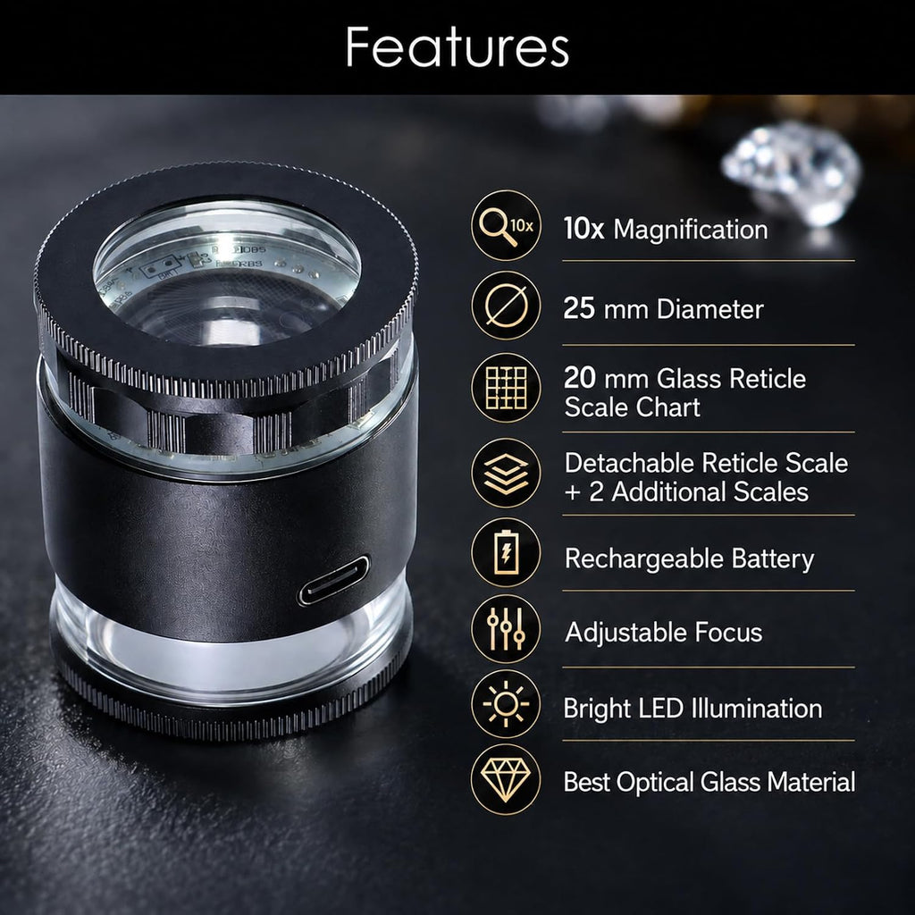 10X Rechargeable Jewelers Loupe Magnifier with LED Lights and 3 Reticle Scales, 25 mm Field of View, Adjustable Focus