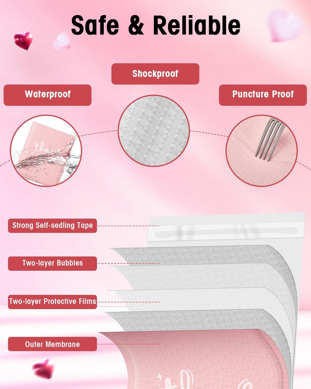 Pink Bubble Mailers 8.5x12" 40 Pack Usable Size 8.5x11" Thank You