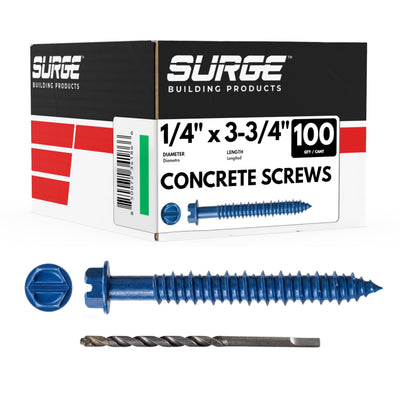 1/4" x 3-3/4" Hex Head Blue Concrete Screws with Drill Bit (Box of 100)