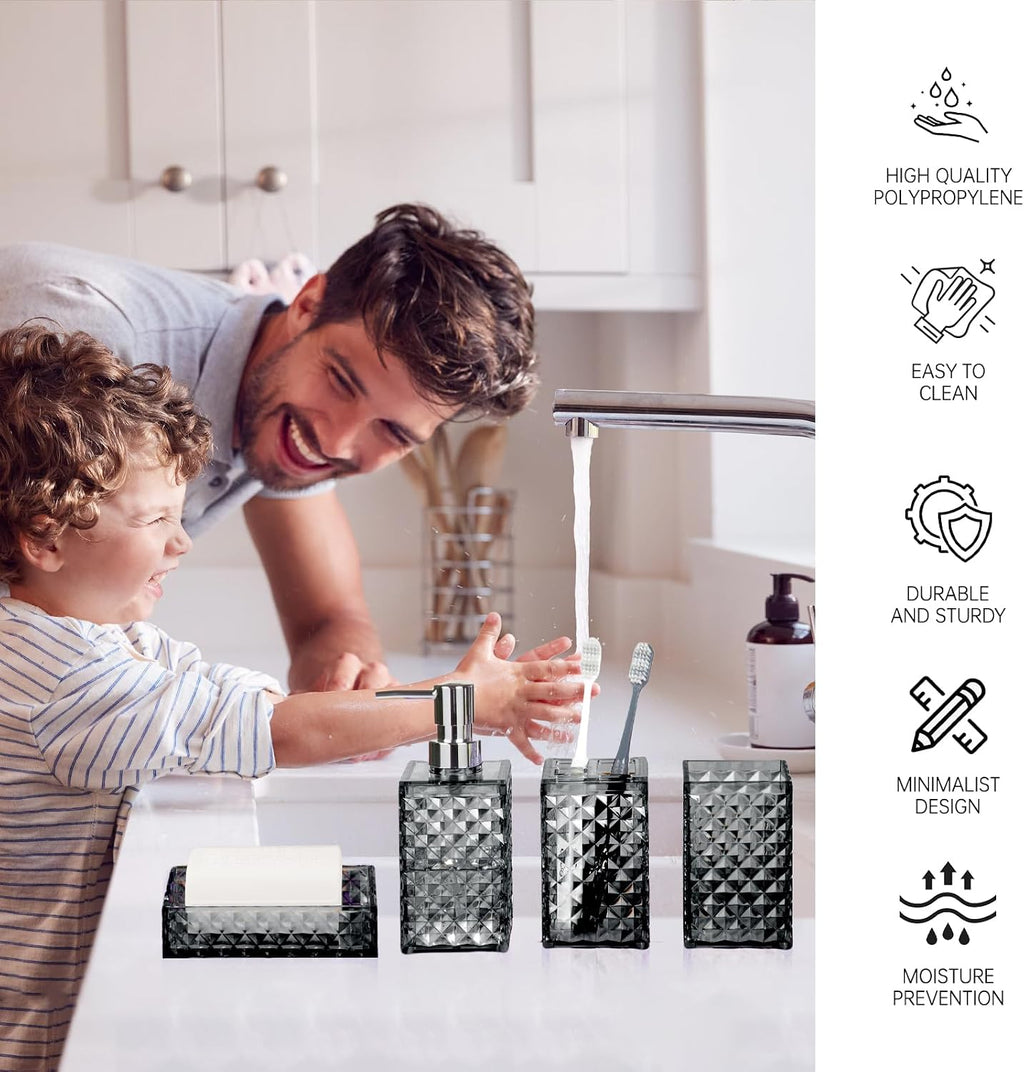 Bathroom Accessory Set, Grid Pattern 4 Pcs Plastic Bathroom Set, Grey | Include Soap Dispenser, Soap Dish, Toothbrush