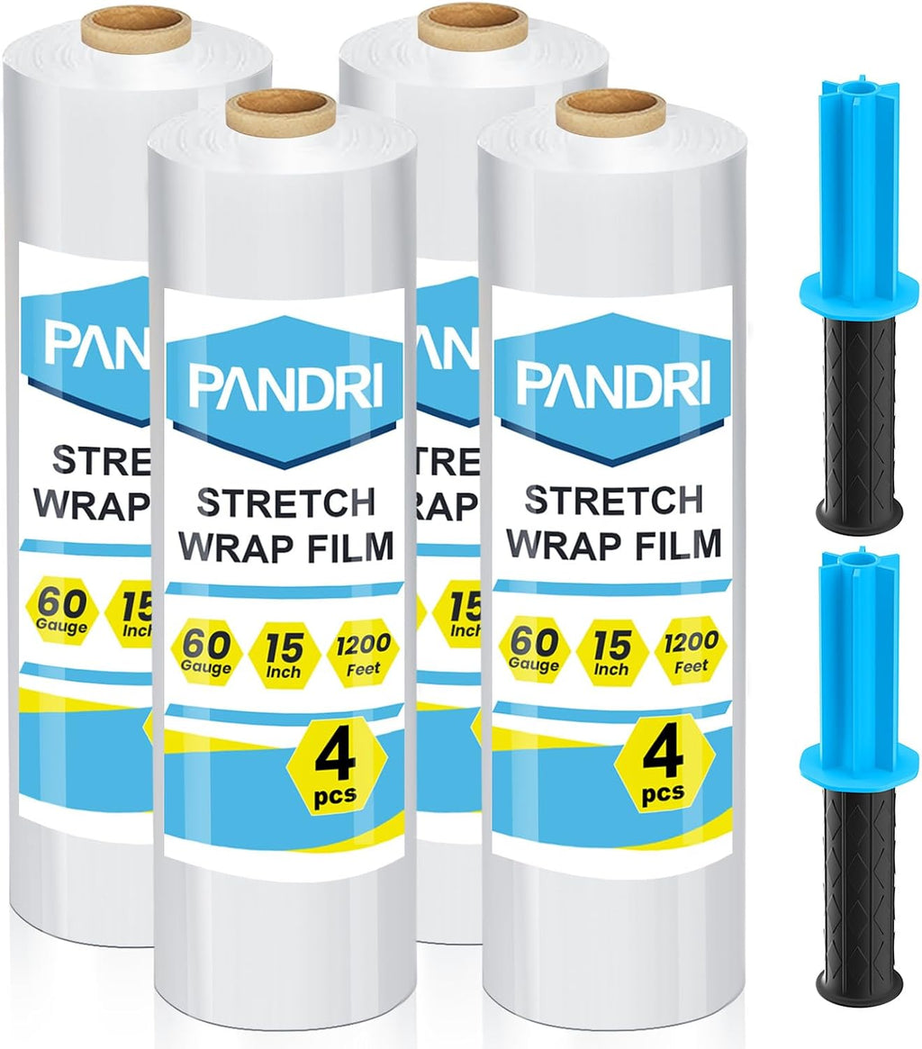 4 Pack Stretch Film with 2 Handles, 15" x 1200Ft Per Roll, 60 Gauge
