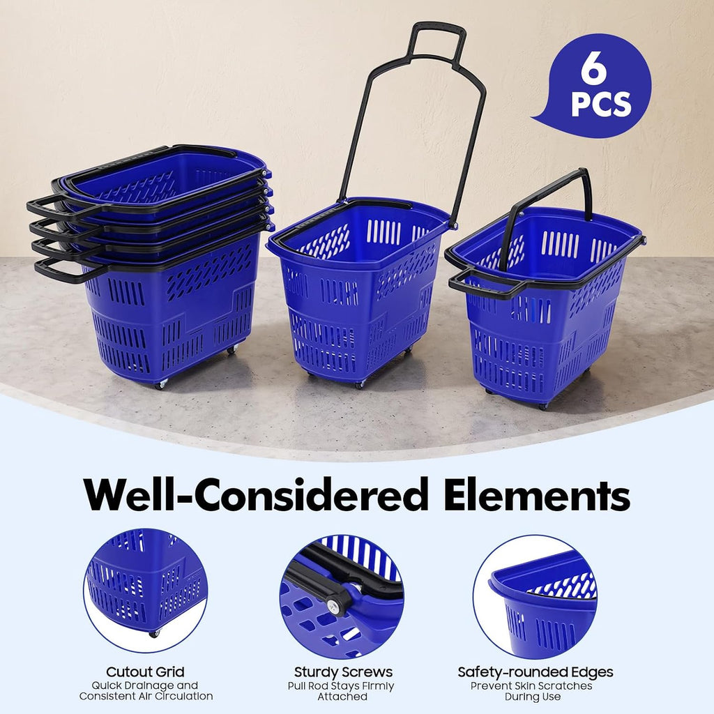 Shopping Carts, 6 Pcs 35L Durable Rolling Shopping Baskets Set with Wheels, 110 Lbs Capacity Portable Plastic Grocery