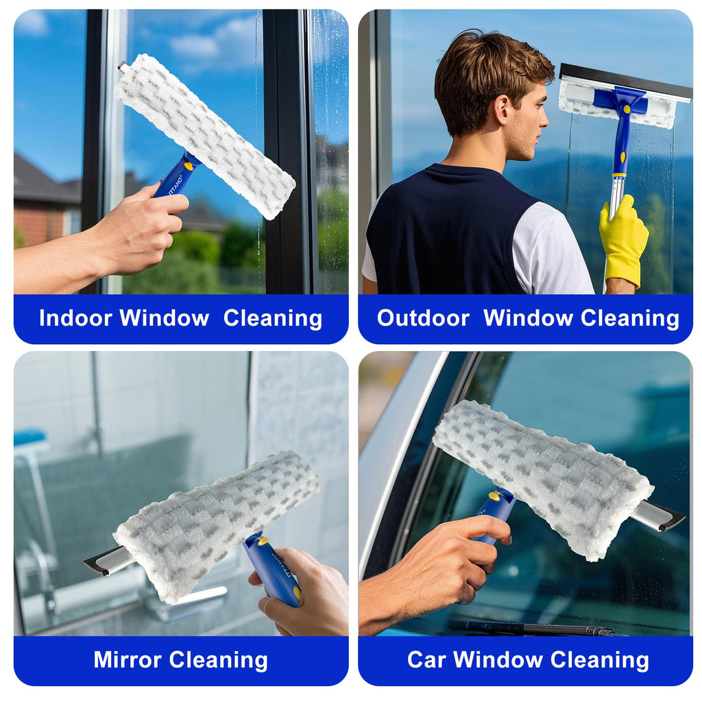 60" Window Squeegee Cleaner 2 in 1 Window Cleaning Tool Kit Window Washing Kit with Extension Pole for Shower Glass
