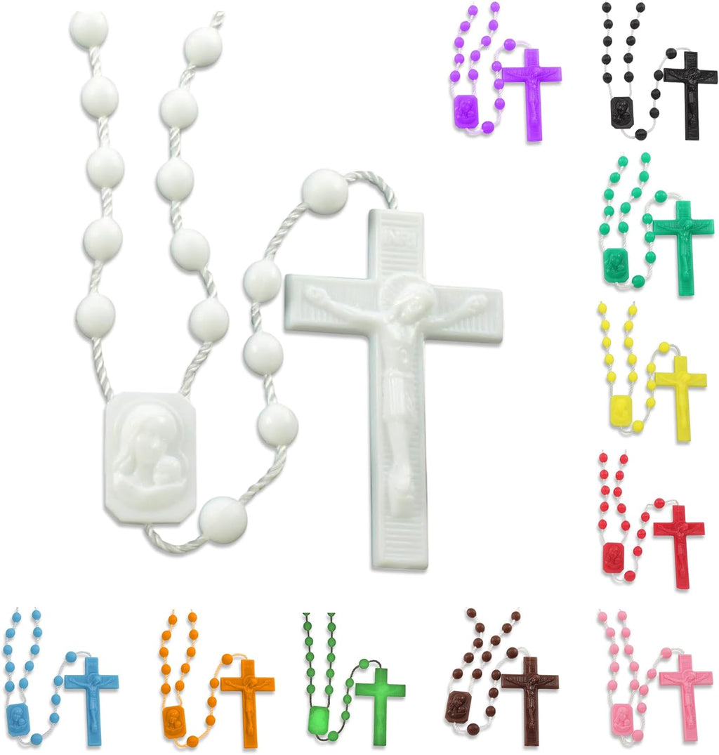 Catholic Rosary Beads for Prayer – White Plastic Rosary Necklace with Crucifix, Durable Nylon Cord, Made in Italy
