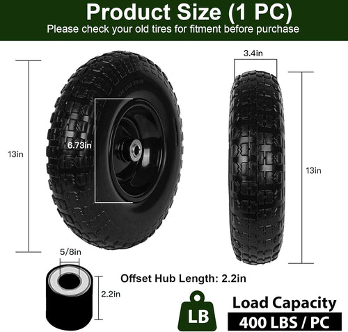 1 PC 13 Inch Rubber Solid Flat Free Replacement Tires and Wheels 4.00-6 with 5/8'' Axle Bore Hole, Air Less Wheel for