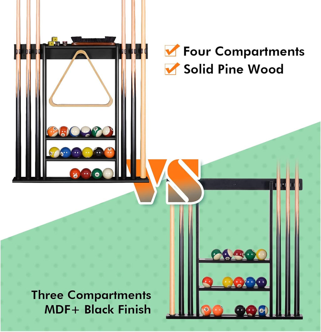 Pool Cue Rack Wall Mount For 6 Cues, Balls & Billiard Accessories Storage | 100% Solid Pine Wood Pool Stick Holder