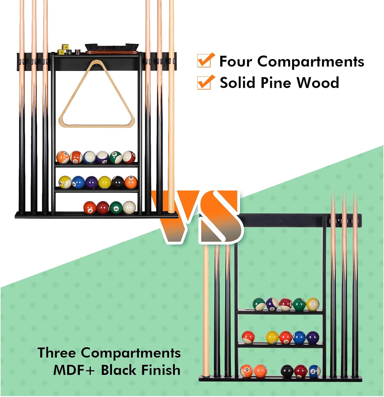 Pool Cue Rack Wall Mount For 6 Cues, Balls & Billiard Accessories Storage | 100% Solid Pine Wood Pool Stick Holder