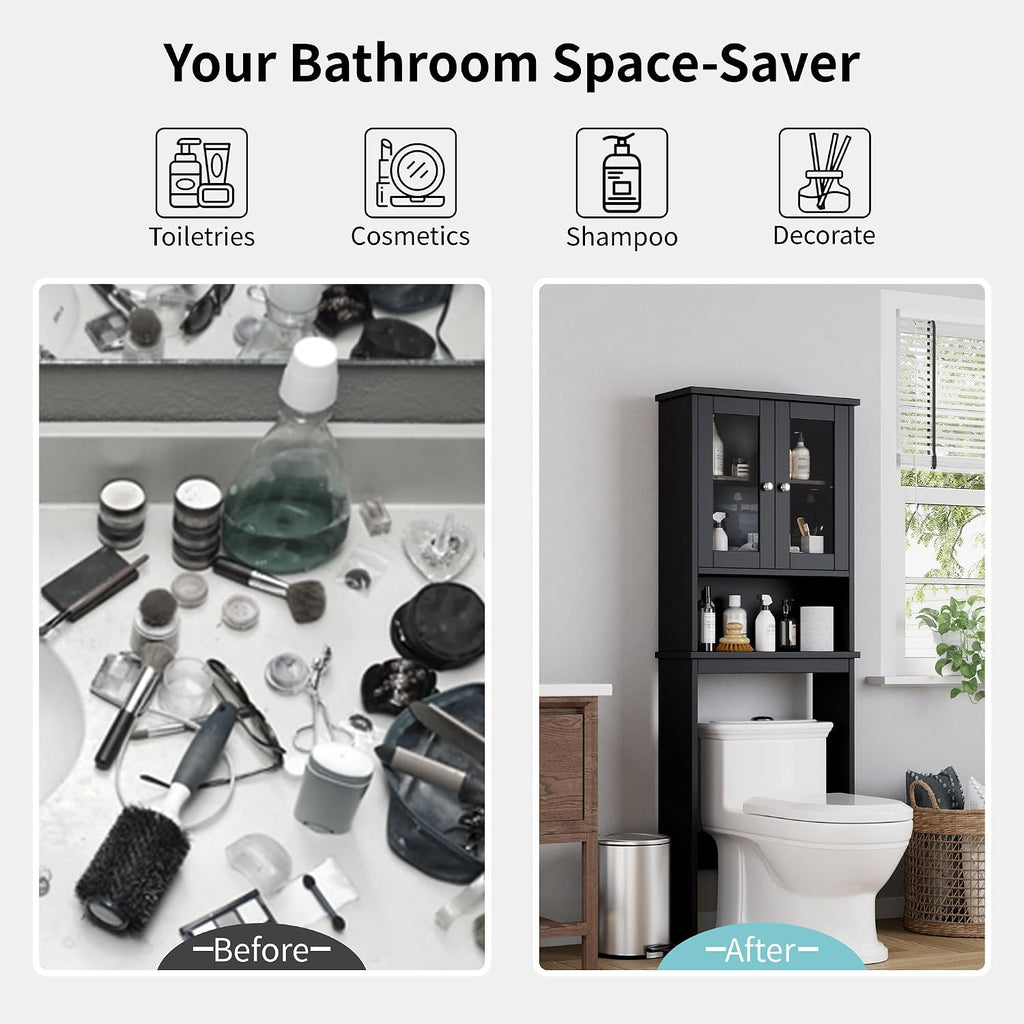 Over The Toilet Storage Cabinet, Bathroom Shelf Organizer with Anti-Tip Device Small Freestanding Space Saver with