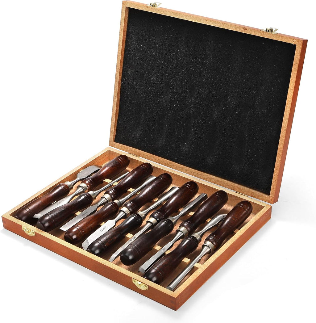 12 Pieces Wood Chisel Set, Woodworking Carving Tools with Wooden Box | CR-V Steel Edge Blade with Premium Wood