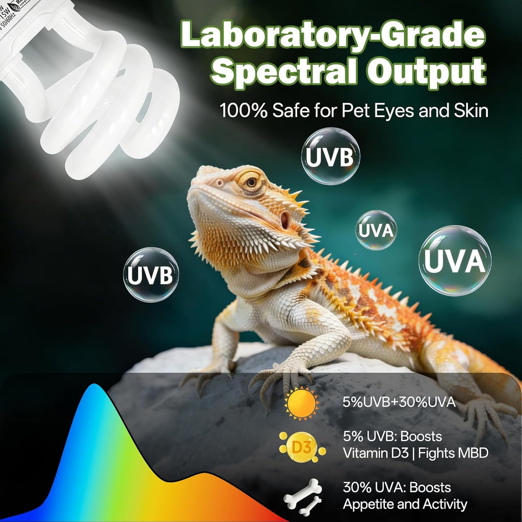 Reptile UVB Bulb 5.0 15W, Compact Fluorescent Light E26 Base, 2PCS