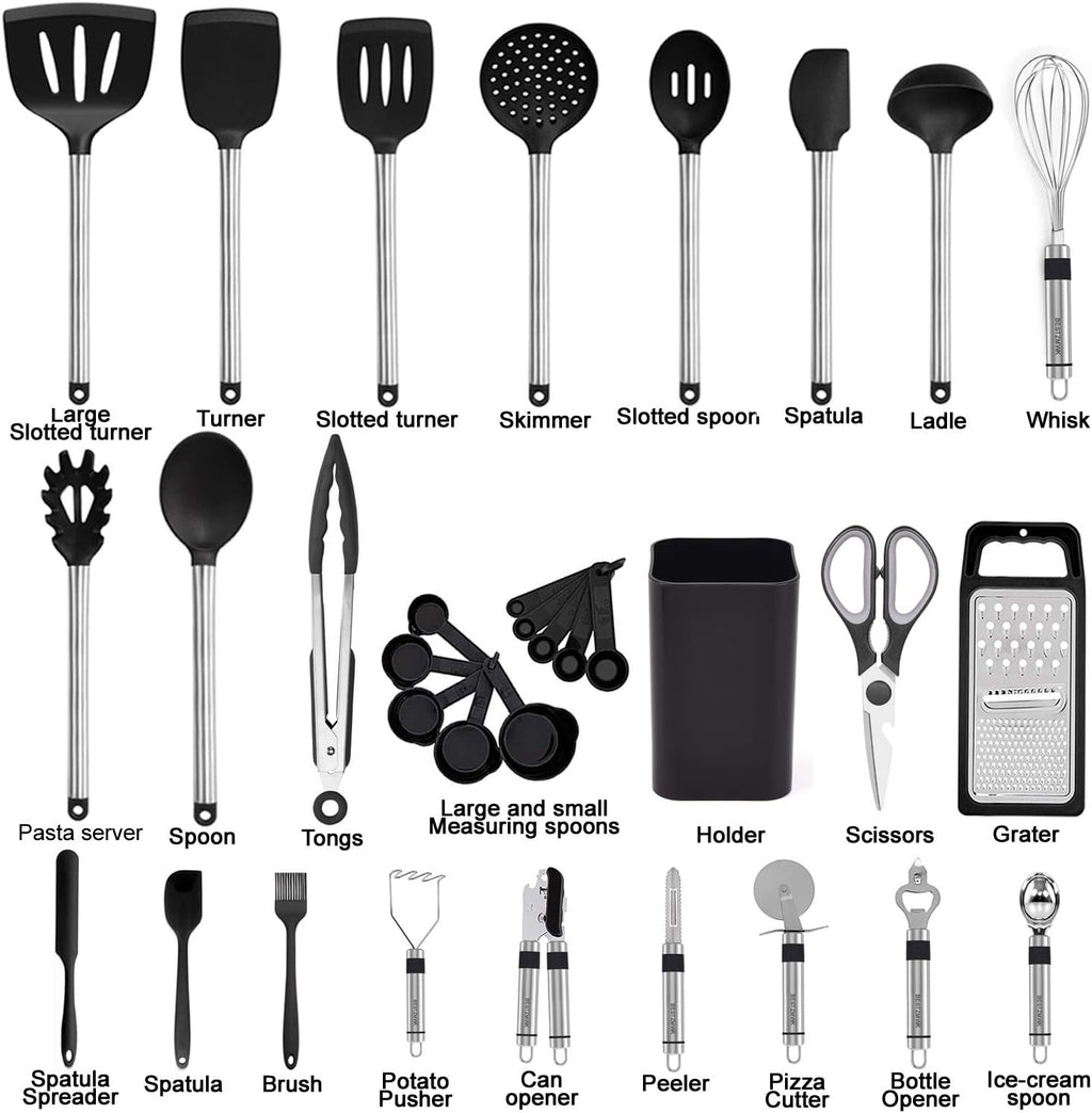 Kitchen Utensil Set-Silicone Cooking Utensils-33 Kitchen Gadgets & Spoons for Nonstick Cookware-Silicone and