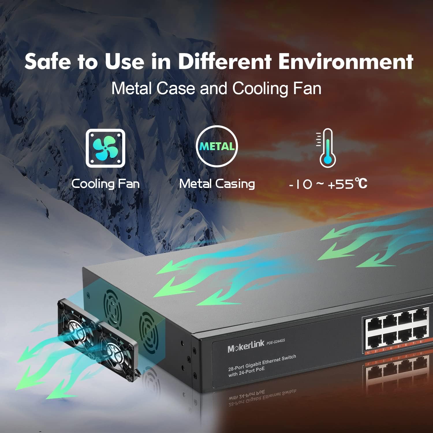 24 Port Gigabit PoE Switch, 2 Gigabit Ethernet Uplink, 2 Gigabit SFP, 400W IEEE802.3af/at, Rackmount Unmanaged Plug