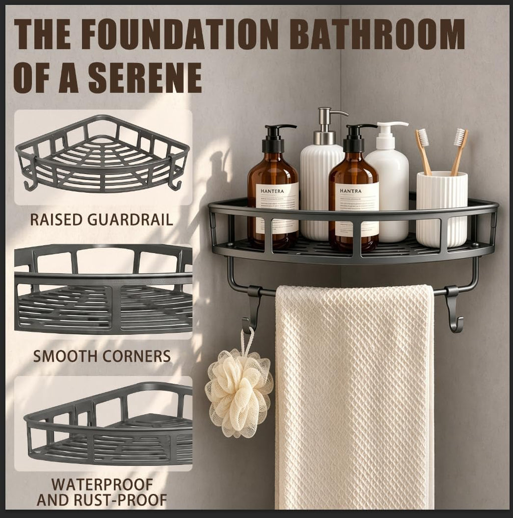 Shower Caddy Hanging Gray, 2 Pack Rustproof Adhesive Corner Shower Shelves | 40 Lb Secure Hold, Powder-Coated