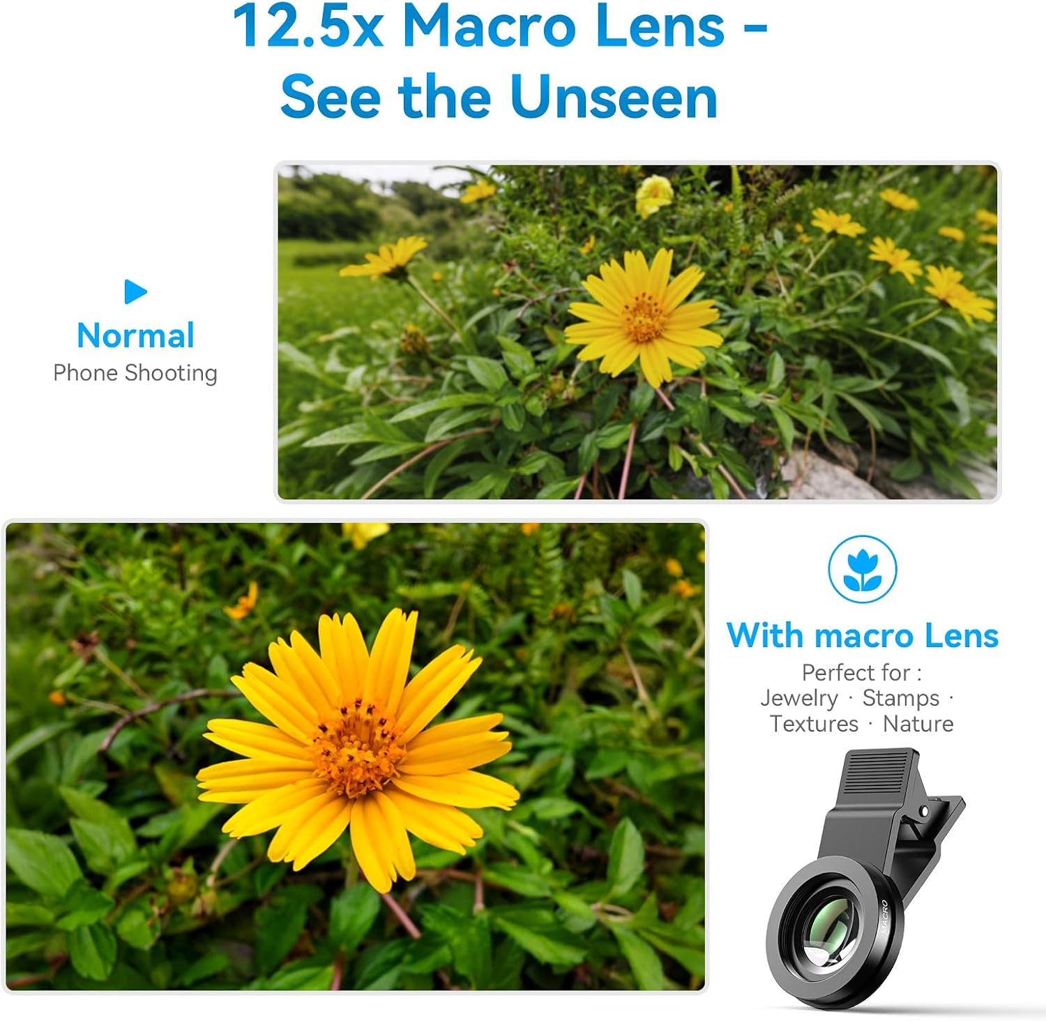 0.45x Wide Angle & 12.5X Macro Lens, Clip-On Phone Camera Kit | for iPhone & Android – Perfect for Selfies, Travel