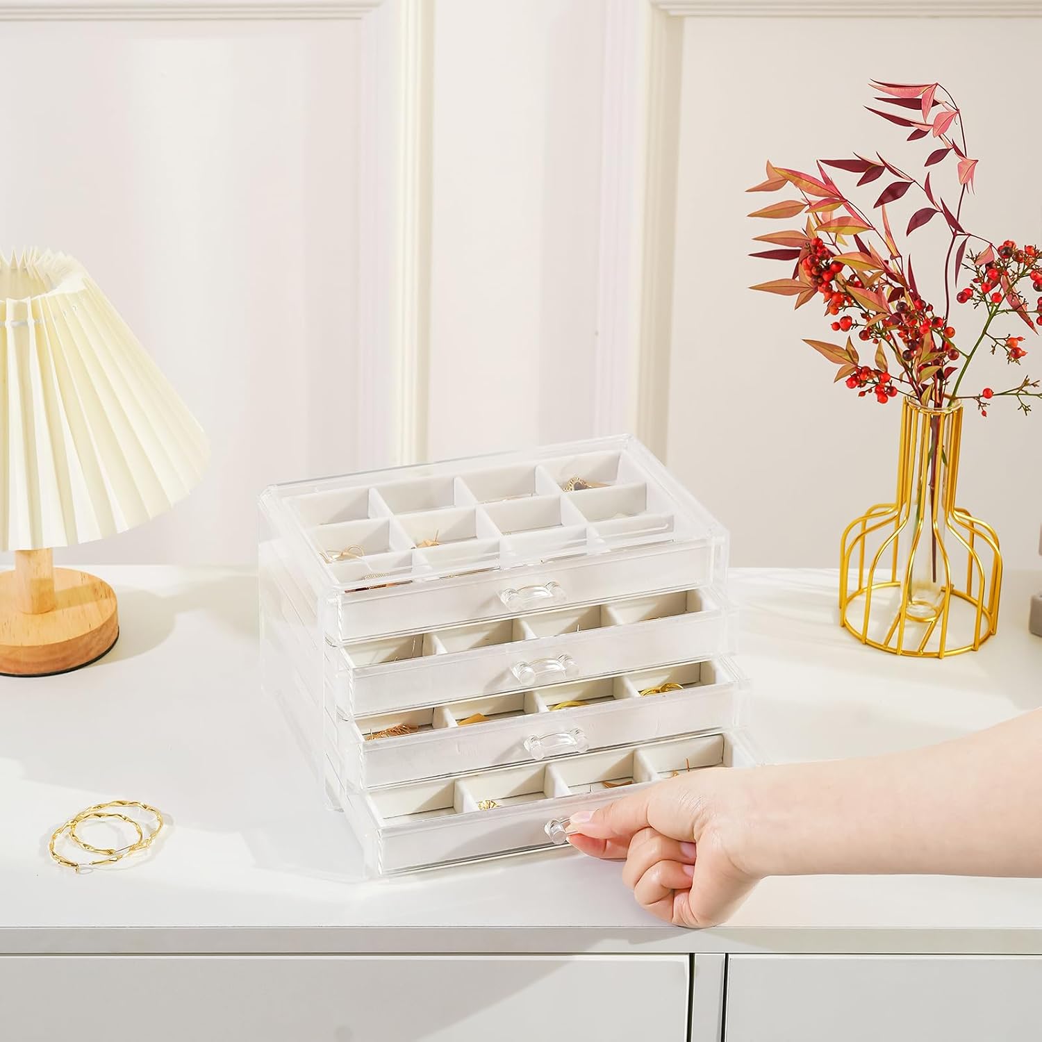 Earring Holder Organizer Box Jewelry Storage with 4 Drawers, Clear Acrylic Stackable Earring Case with Adjustable