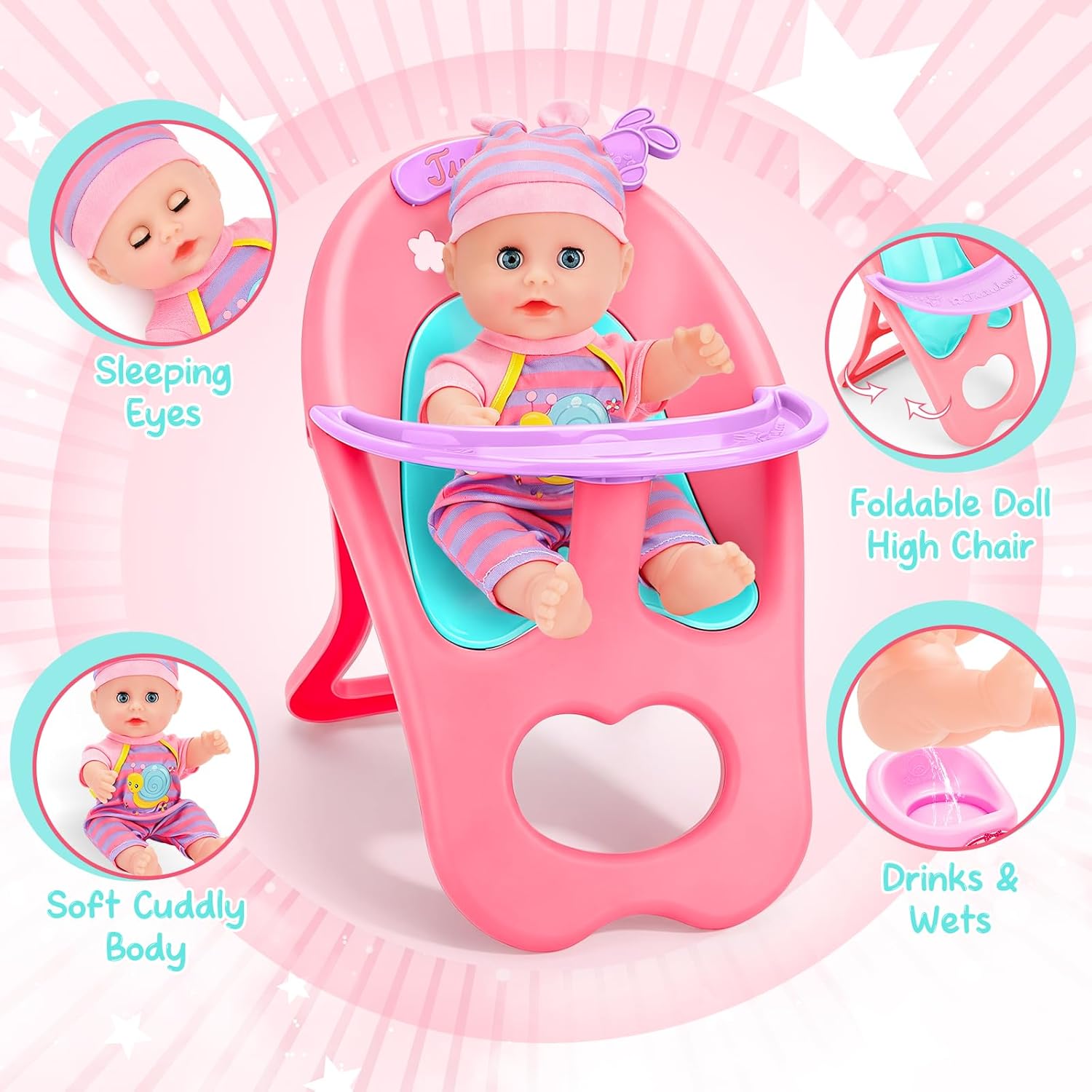 12” Baby Doll Play Set with Crib, Mobile, High Chair Feeding Accessories, Interactive Dolls for Girls Kids Pretend