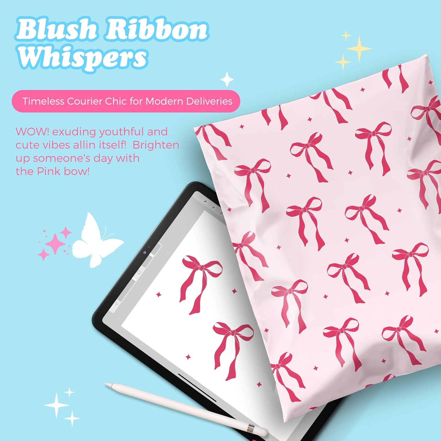 Poly Mailers 10x13" 50pcs,Cute Shipping Bags for Clothes,Pink Bows | Self Adhesive Mailing Shipping