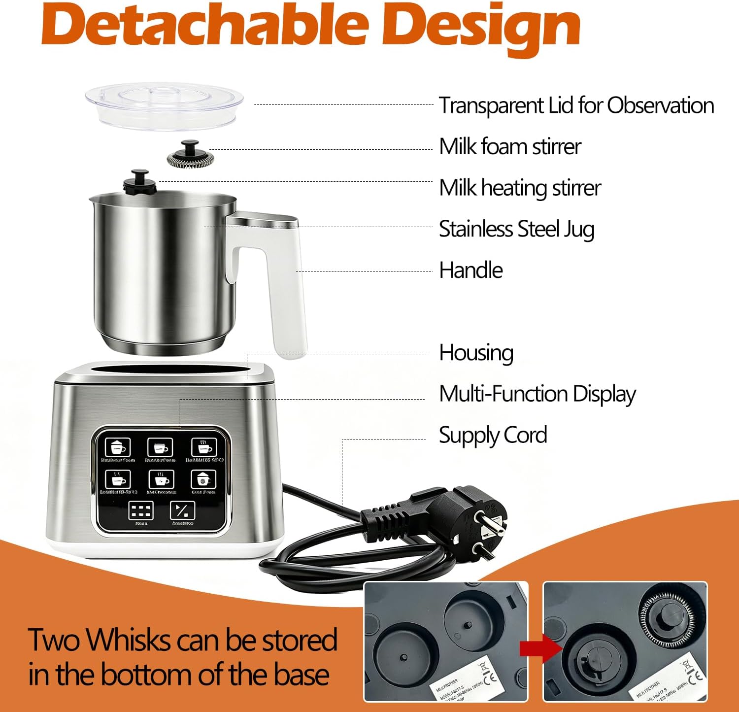 6-in-1 Electric Milk Frother and Steamer, Large Capacity & Detachable Electric Milk Frother and Warmer, Automatic Hot