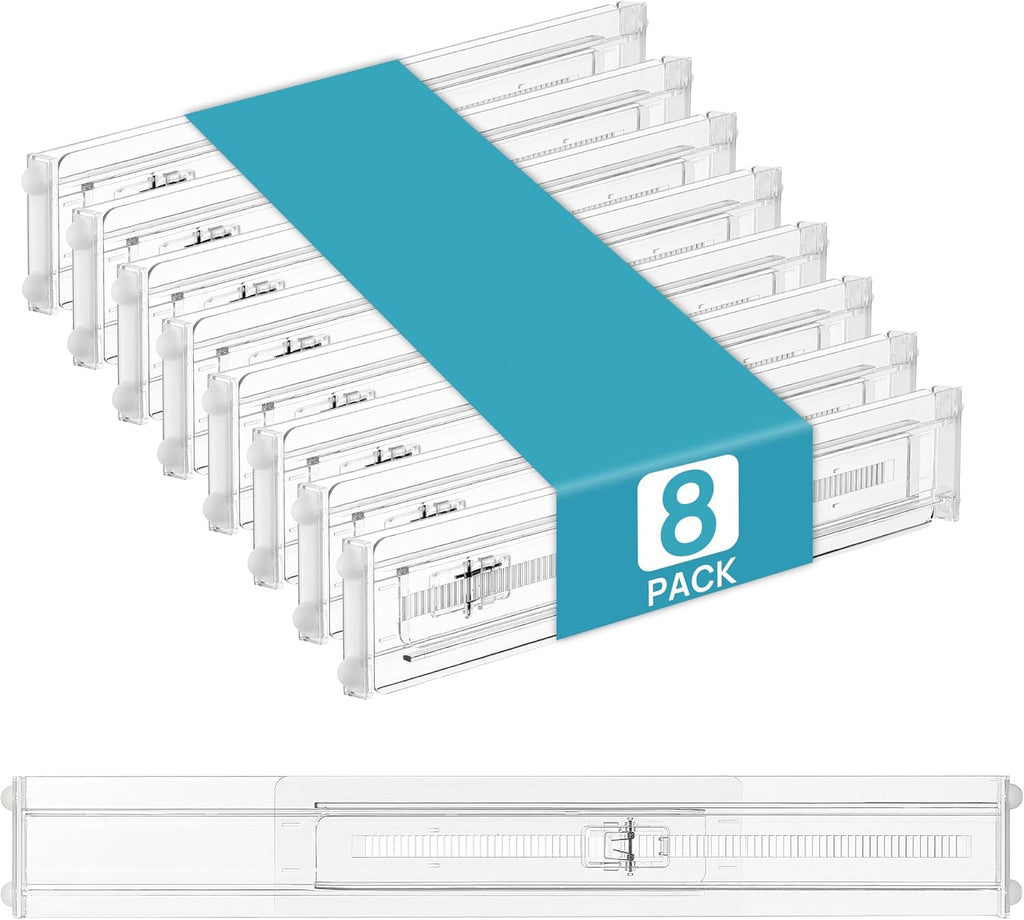8 Pack Shallow Drawer Dividers, 2.36" High 12.5"-20.8" Adjustable Expandable Kitchen Drawer Organizer, Clear Plastic