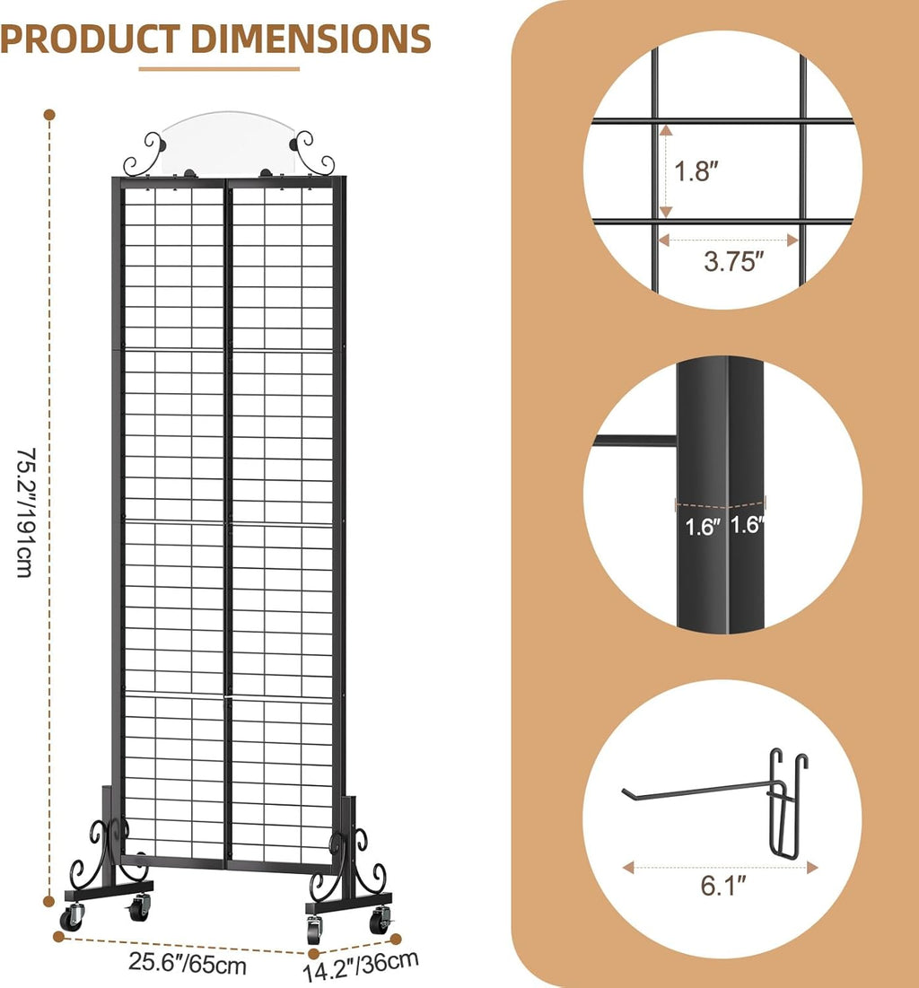 Grid Wall Panel Display Stand, 2.2' x 6.2' FT Gridwall Panel with Extra 8 Hooks, Craft Show Display Rack Black Metal