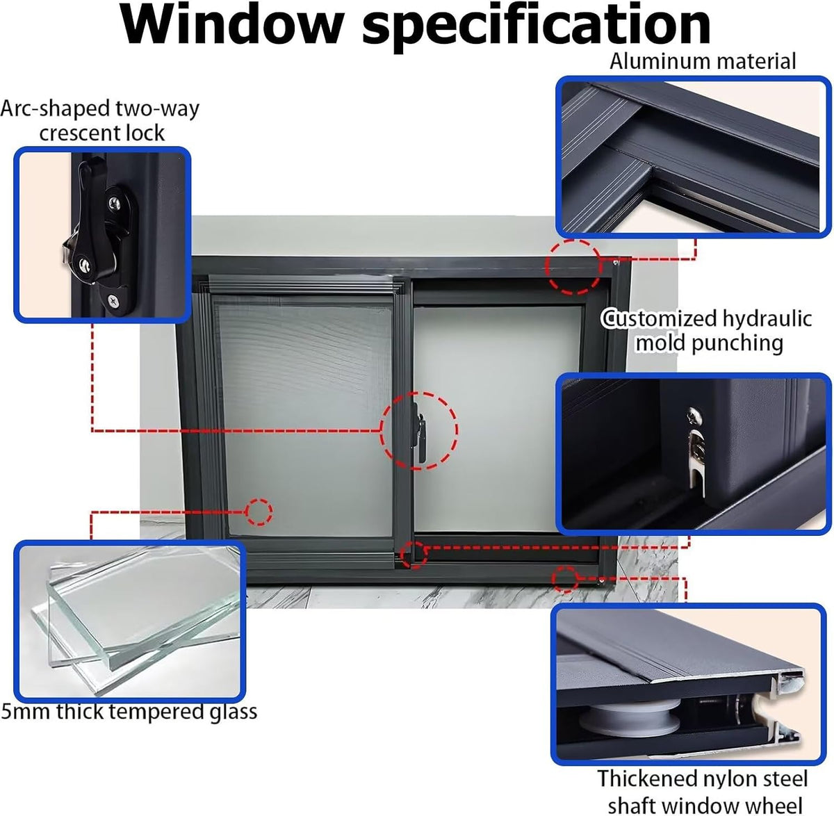 44x27in / 112x69cm Double Slide Vinyl Tempered Utility Window, Replacement Windows for Home, with Screen and Glass