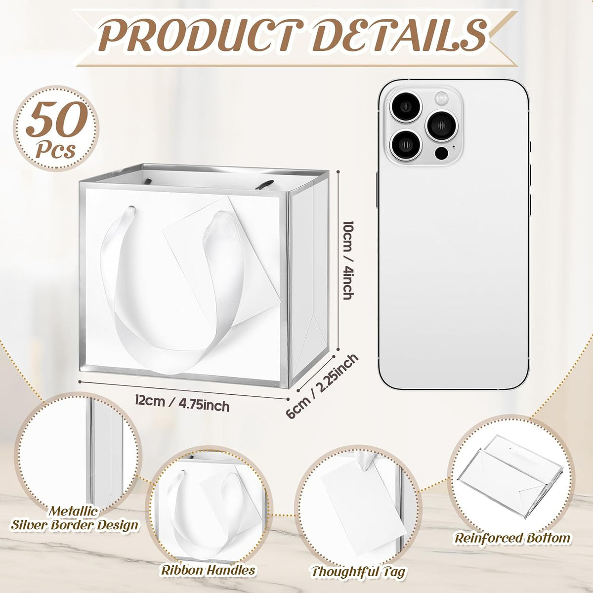 50 Pcs Mini Metallic Paper Gift Bags with Handle, White, Silver