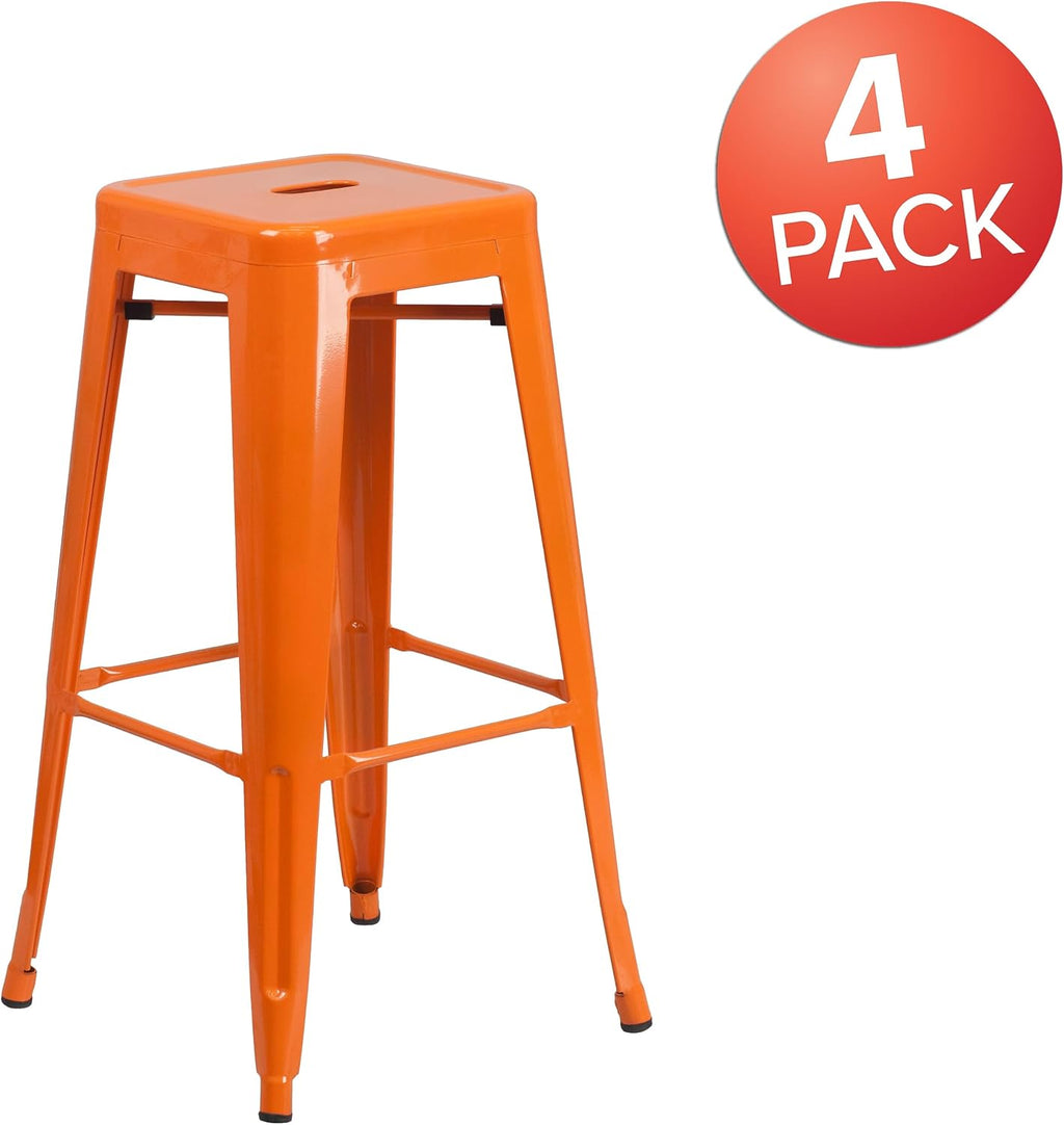 30 in Metal Indoor/Outdoor Barstool, Orange, 4-Pack