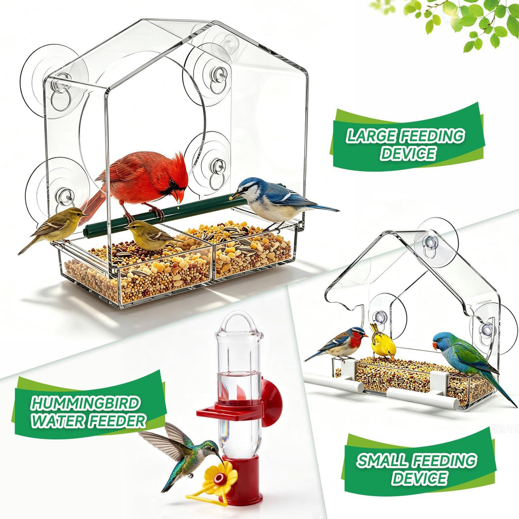 Window Bird Feeder with Strong Suction Cups (3-Piece Set). Two Seed Feeder Sizes + Hummingbird Water Station