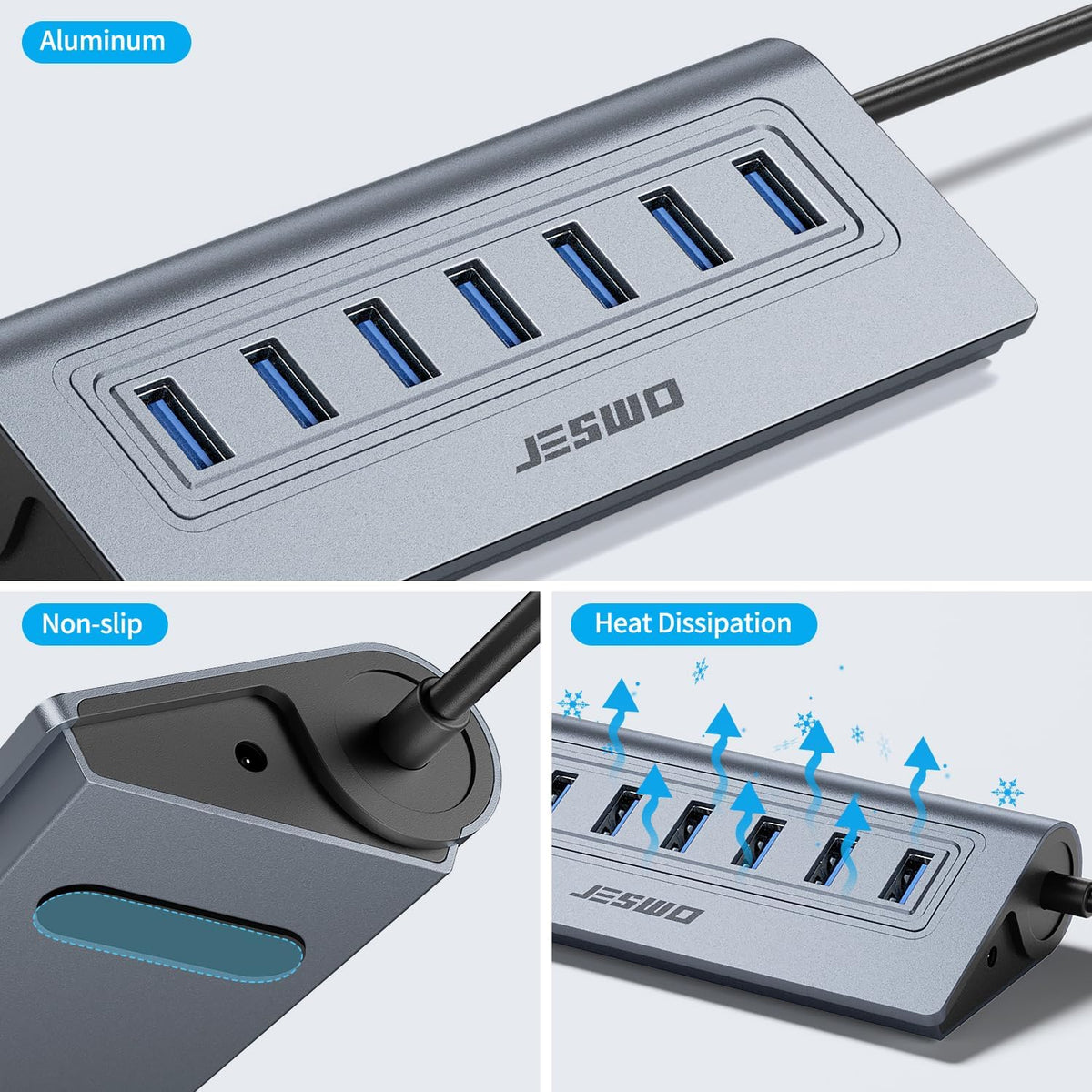 Powered USB Hub, JESWO 7-Port USB 3.0 Hub, Aluminum USB Data Hub with 3.3ft Cable, USB Hub 3.0 Powered with 5V/4A
