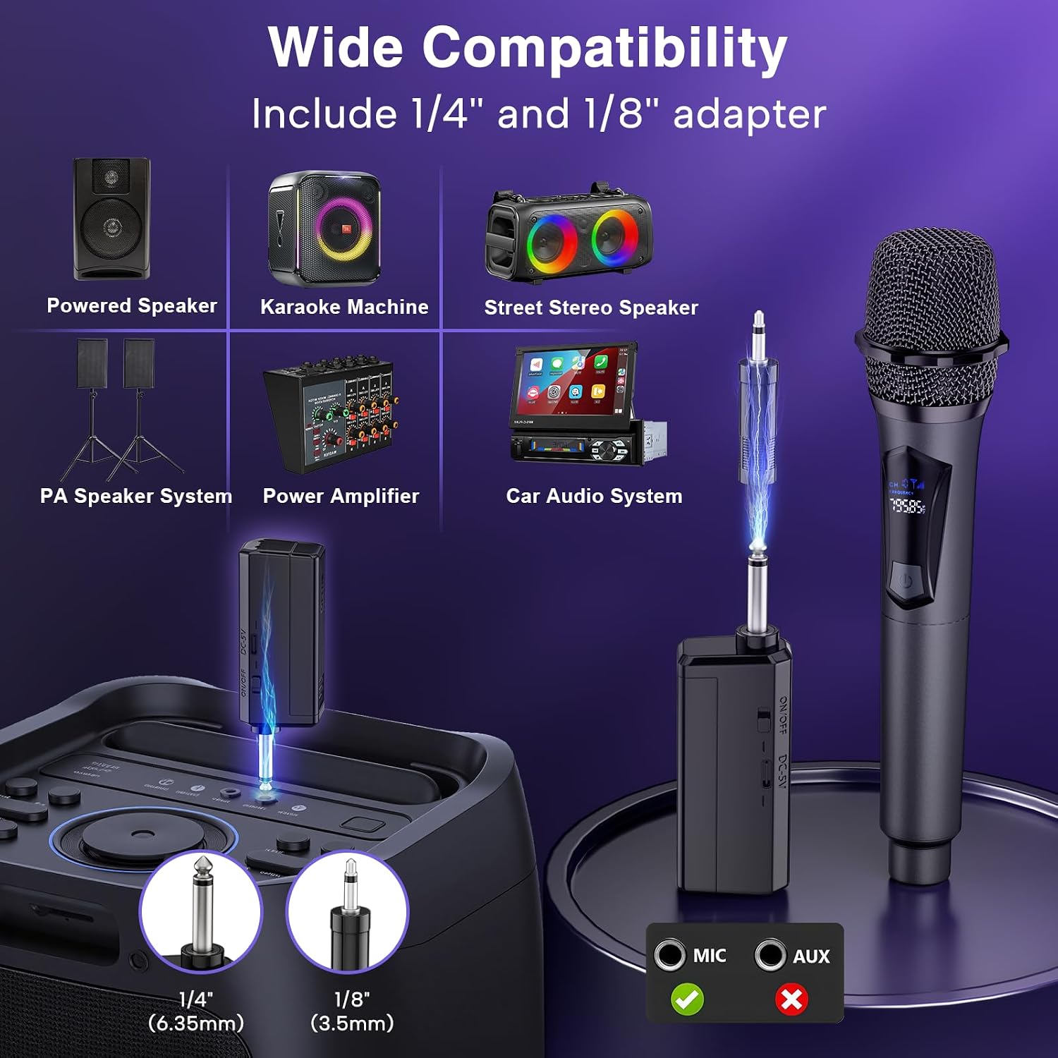 Wireless Microphone,Professional Dual Handheld Cordless Dynamic Mic System with Rechargeable Receiver,Plug &