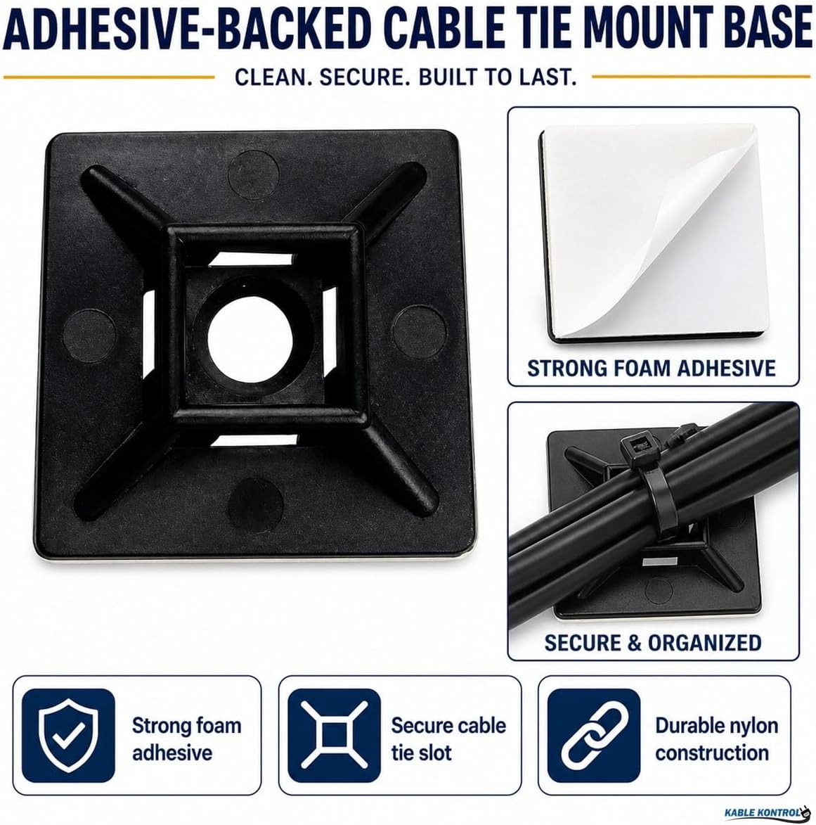 Zip Tie Mounts, 1” Black, 100 Pcs Adhesive Backed | Multi-Purpose UV-Resistant Mounting Squares Nylon Cable Tie Wrap