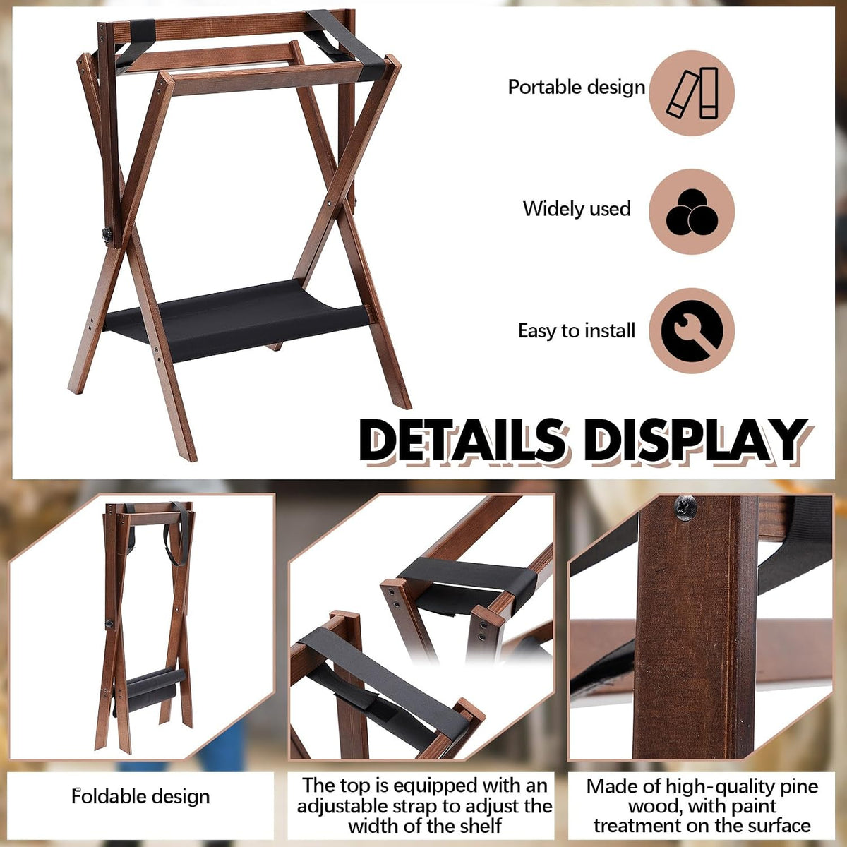 1 Pack Pine Wood Folding Saddle Rack Storage Tray, Vintage Brown