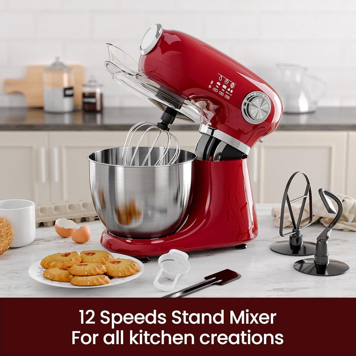 5.5QT 12-Speed Electric Stand Mixer, Tilt Head Kitchen Mixer, Red