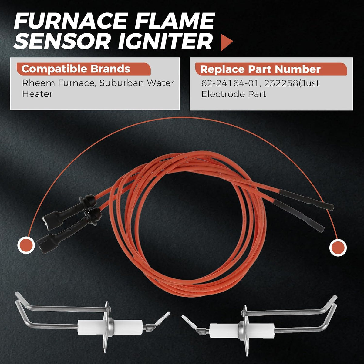 2 Pack 62-24164-01 Furnace Burner Ignitors Repalcement, Flame Sensor Ignitors with 232258 2-Prong Electrode Assembly and 31.5" High-Temperature Cable Wire Compatible with Rheem Furnace