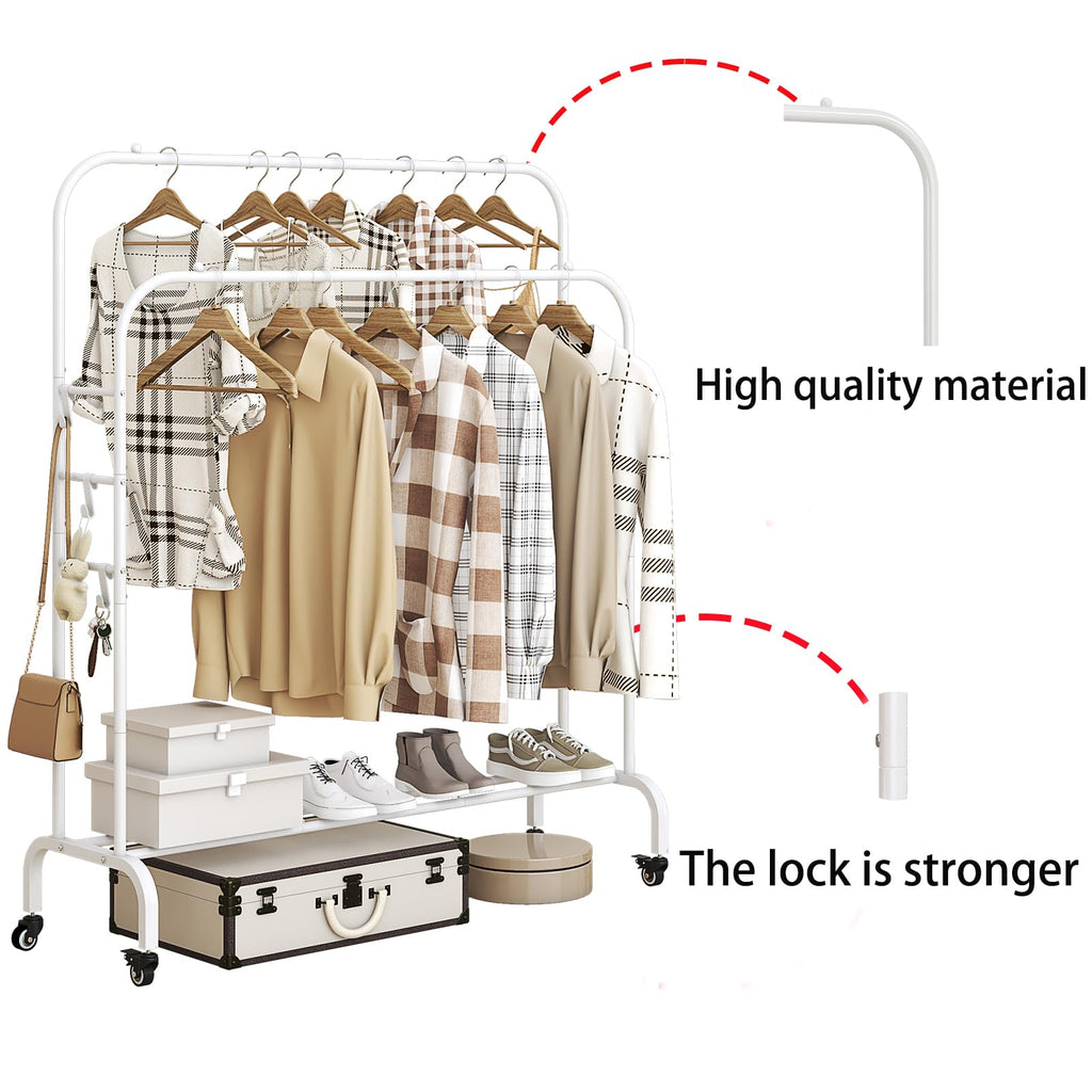Clothes Rack with Lockable Wheels Double Rods Metal Garment Racks