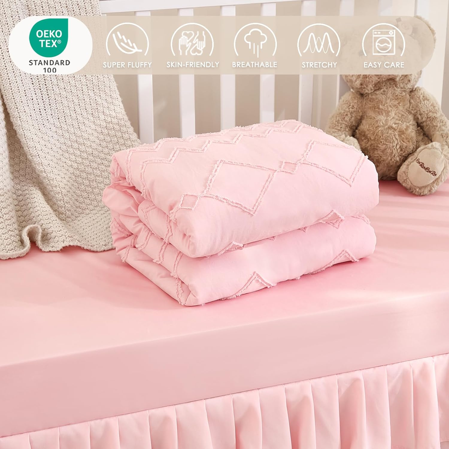 3-Piece Tufted Ruffle Crib Bedding Set for Girls - Ultra Soft Baby Bedding Set Includes Boho Crib Comforter, Sheet &