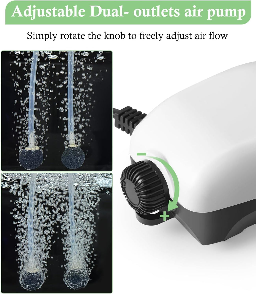 2W Nano Whisper Aquarium Air Pump, 57GPH Adjustable Dual Outlet Fish Tank Oxygen Pump, Aquarium Aerator for 1-50