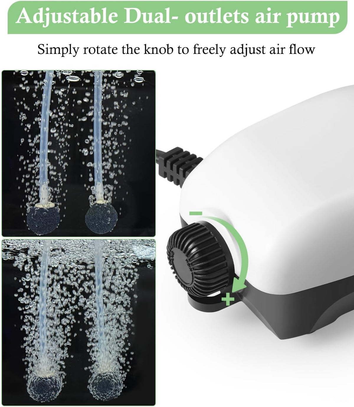 2W Nano Whisper Aquarium Air Pump, 57GPH Adjustable Dual Outlet Fish Tank Oxygen Pump, Aquarium Aerator for 1-50