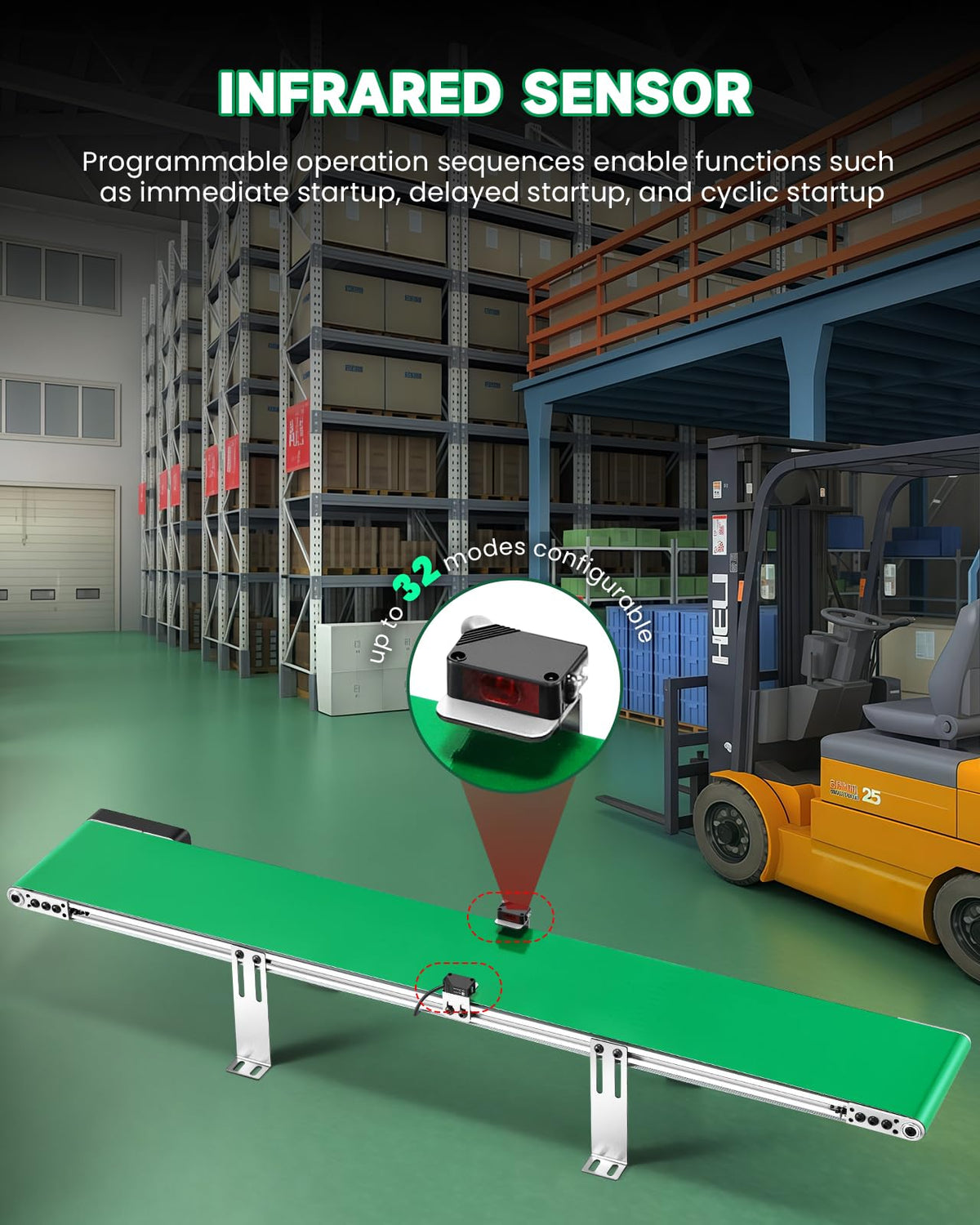 【NEW】Moonshan Programmable Belt Conveyor 39 inch Conveyor with Sensor, 32 Operation Programs, Desktop Version Step-less Speed Adjustment PVC Belt Conveyor for Packaging Factory, Production Line, Home