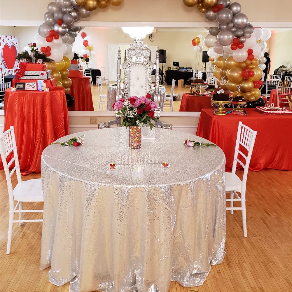 90 Inch Round Silver Sequin Tablecloth for Party Cake Dessert Table Exhibition Events