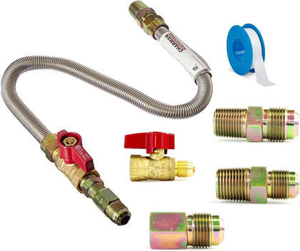 Universal Gas Appliance Installation Kit - 22” One-Stop Range Hook-Up - Stainless Steel Flexible Connector Line - ½” Brass Flare Shut Off Valve & Couplings - Water Heater Stove Fireplace