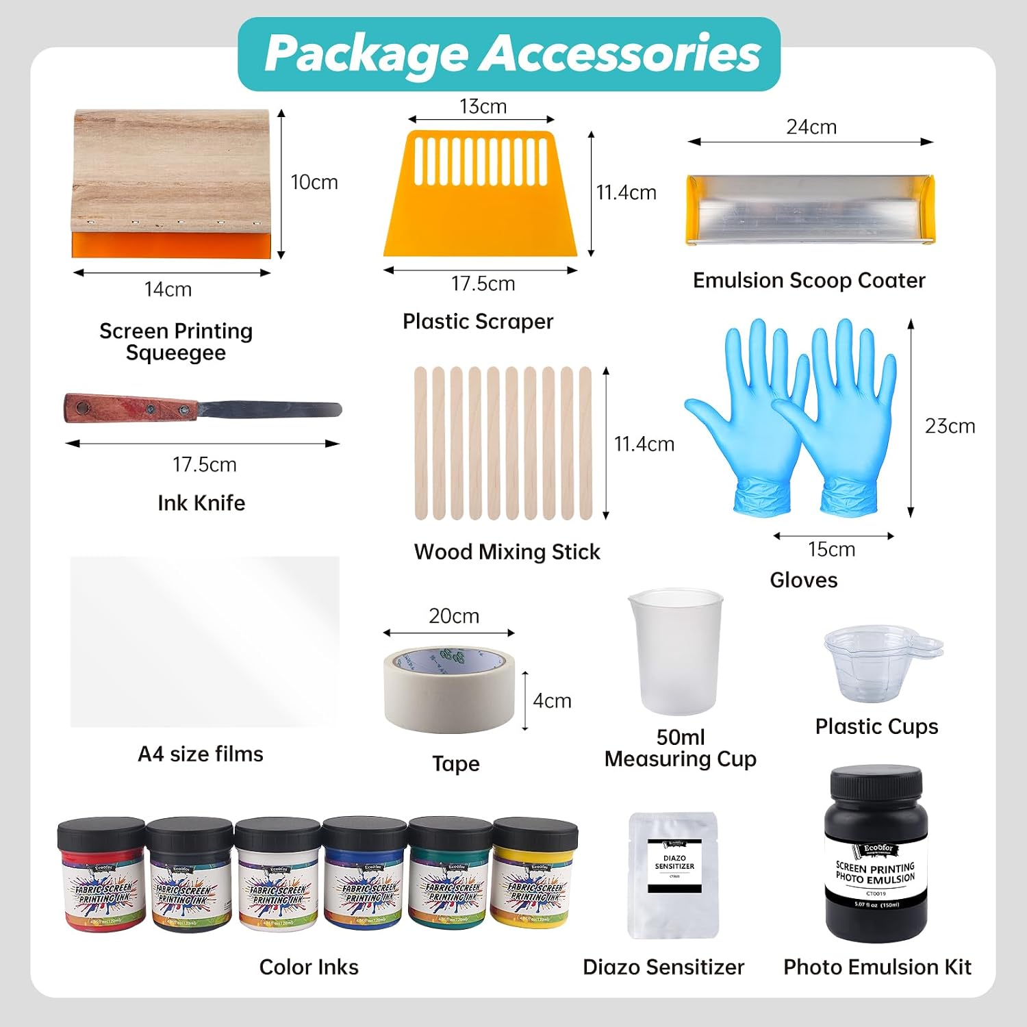 49pcs All-in-One Screen Printing Kit with, 3 Size Wood Screen Printing Frames, 6 Colors Screen Printing Ink,10 A4